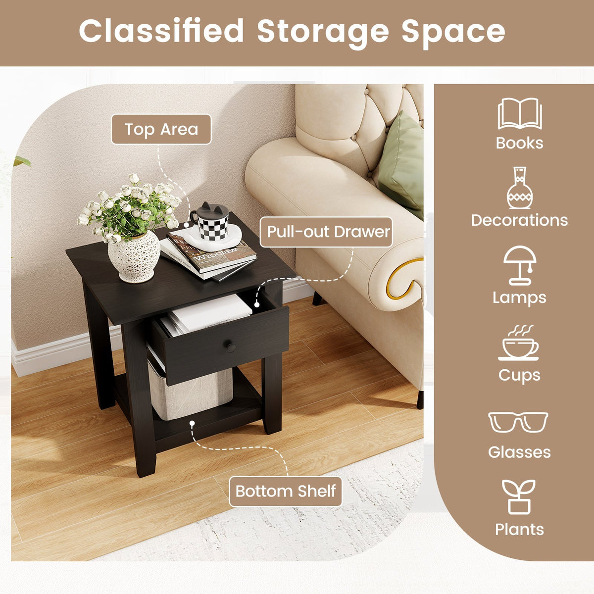 Set of 2 Nightstand with Drawer 3-Tier Modern Bedside Table with Open Shelf and Storage