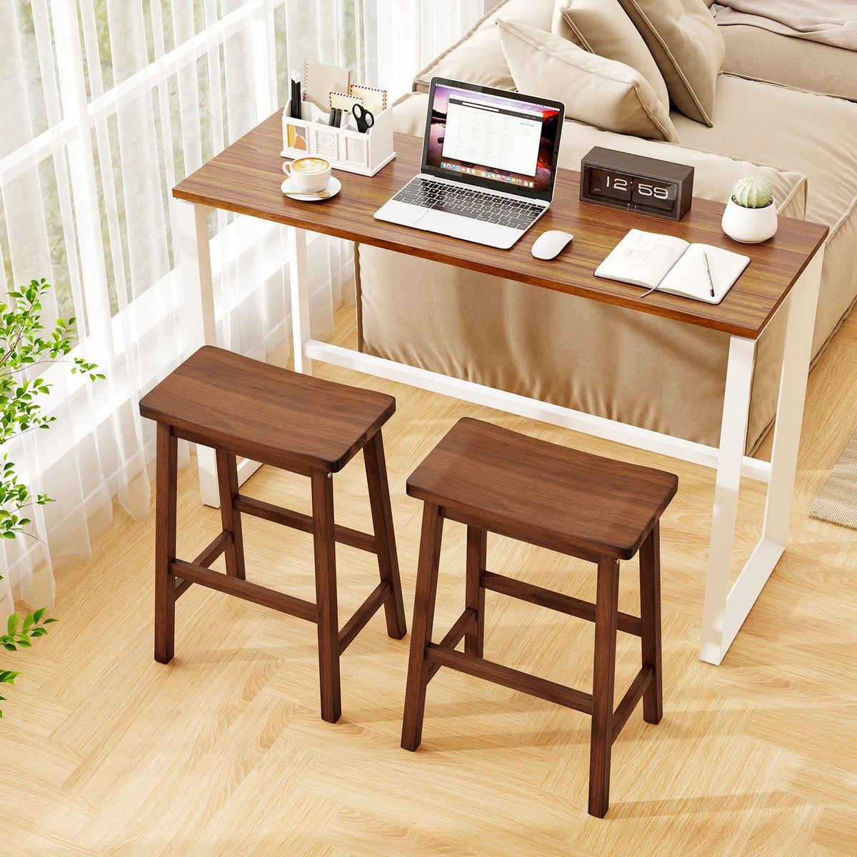 Set of 2 Saddle-Seat Counter Height Stools with Curved Seat and Footrests-Walnut