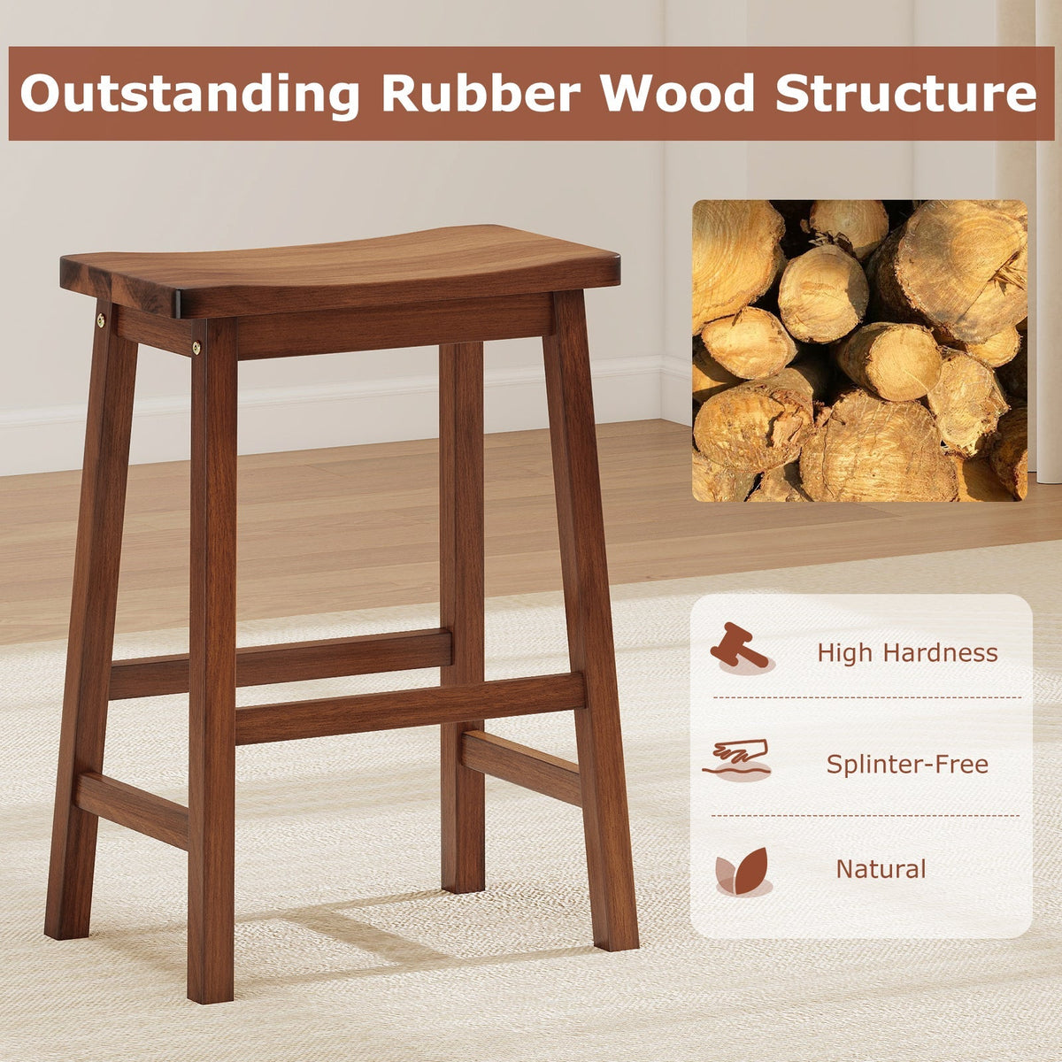 Set of 2 Saddle-Seat Counter Height Stools with Curved Seat and Footrests-Walnut
