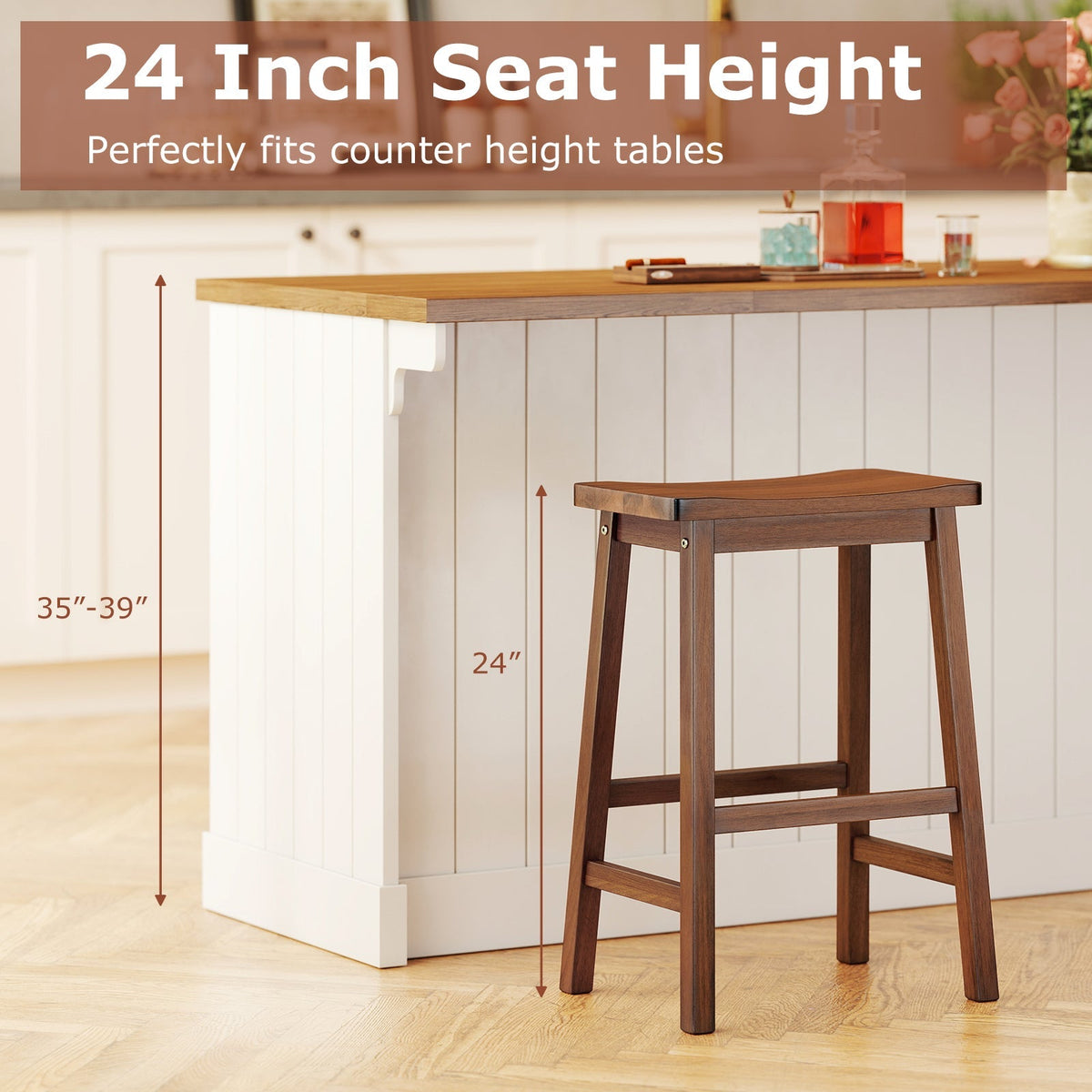 Set of 2 Saddle-Seat Counter Height Stools with Curved Seat and Footrests-Walnut
