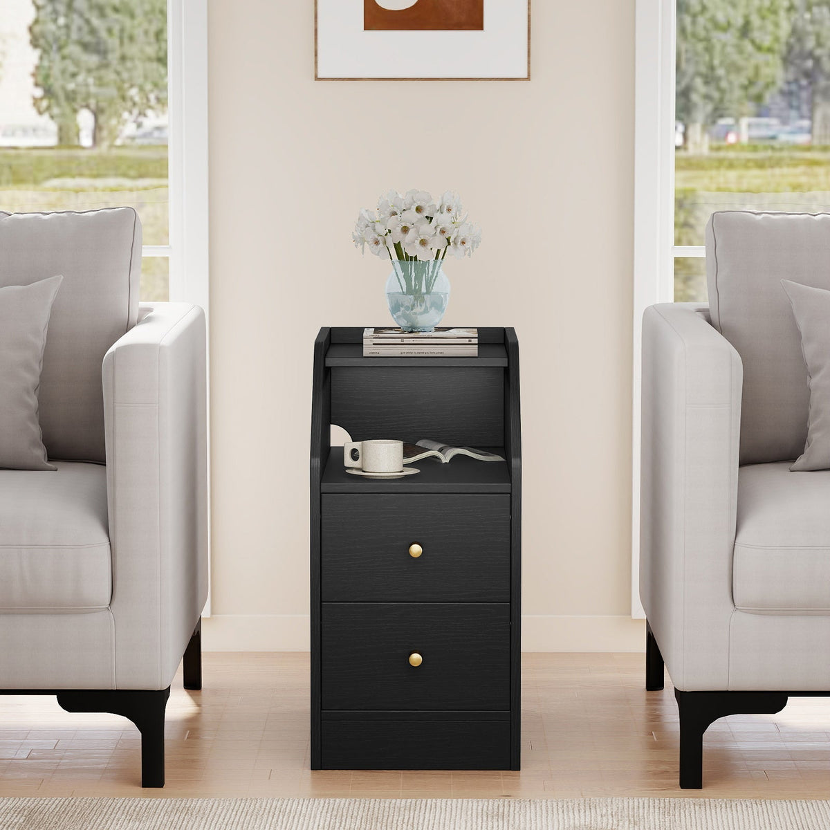 Set of 2 Side End Tables with Charging Station Sofa Couch Tables with Shelf Drawers