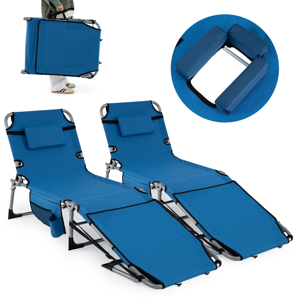 Set of 2 Tanning Chairs with Face Arm Holes Portable with 4-Level Backrest