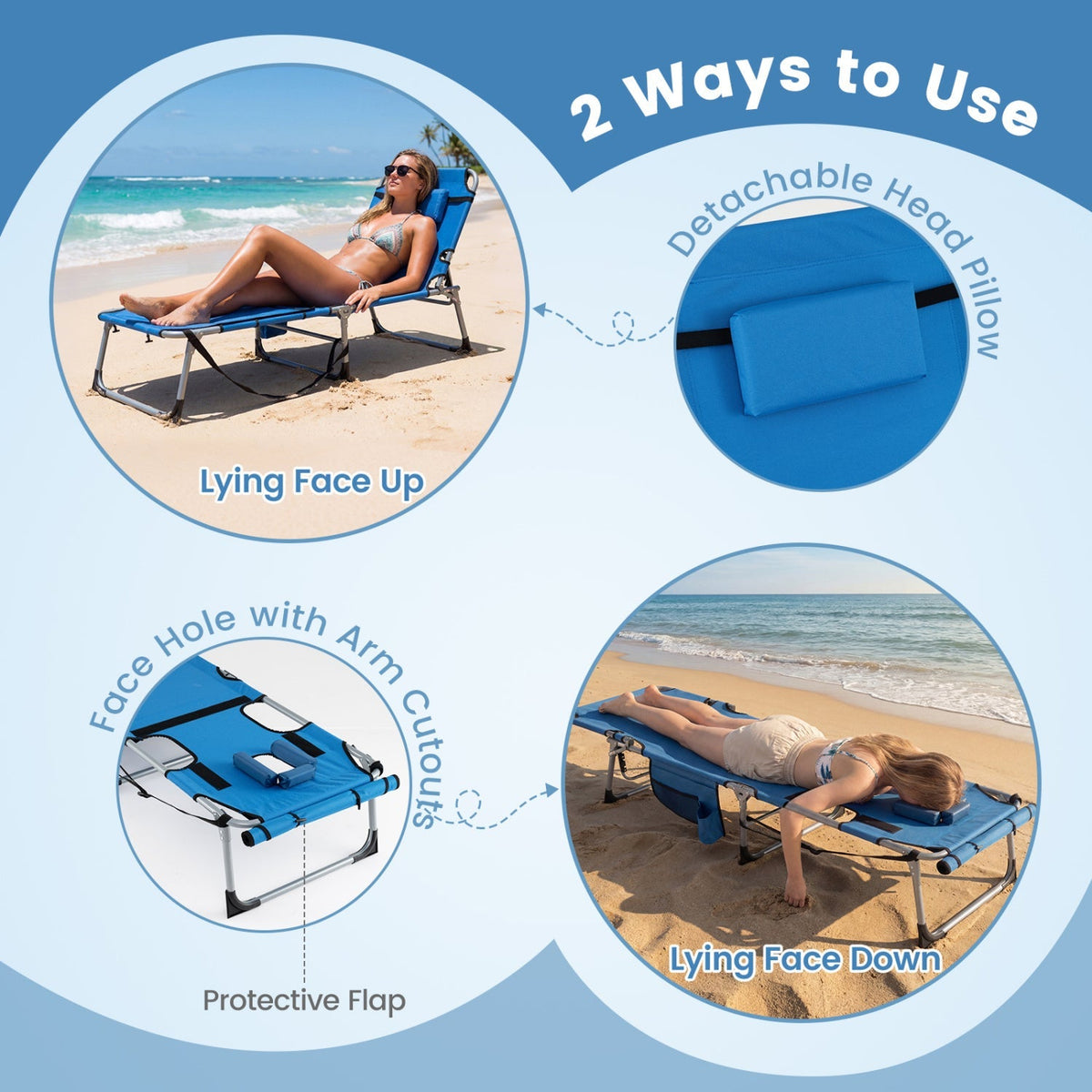 Set of 2 Tanning Chairs with Face Arm Holes Portable with 4-Level Backrest