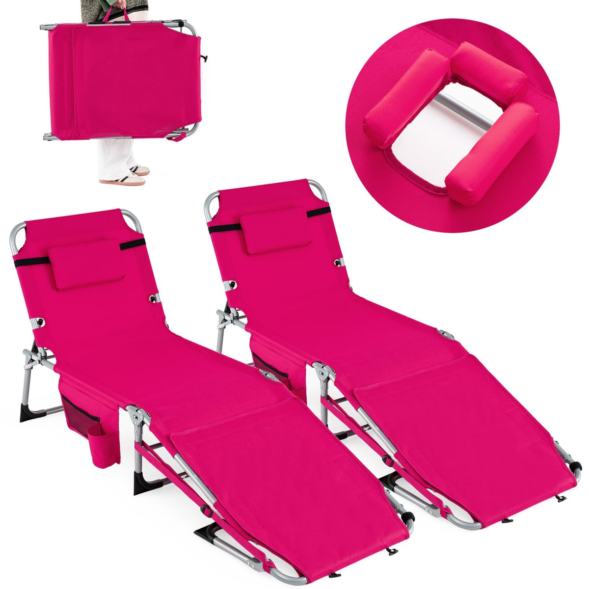 Set of 2 Tanning Chairs with Face Arm Holes Portable with 4-Level Backrest