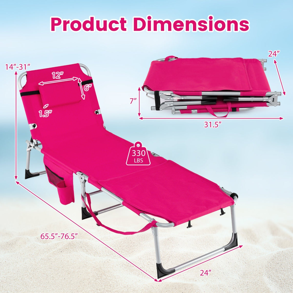 Set of 2 Tanning Chairs with Face Arm Holes Portable with 4-Level Backrest
