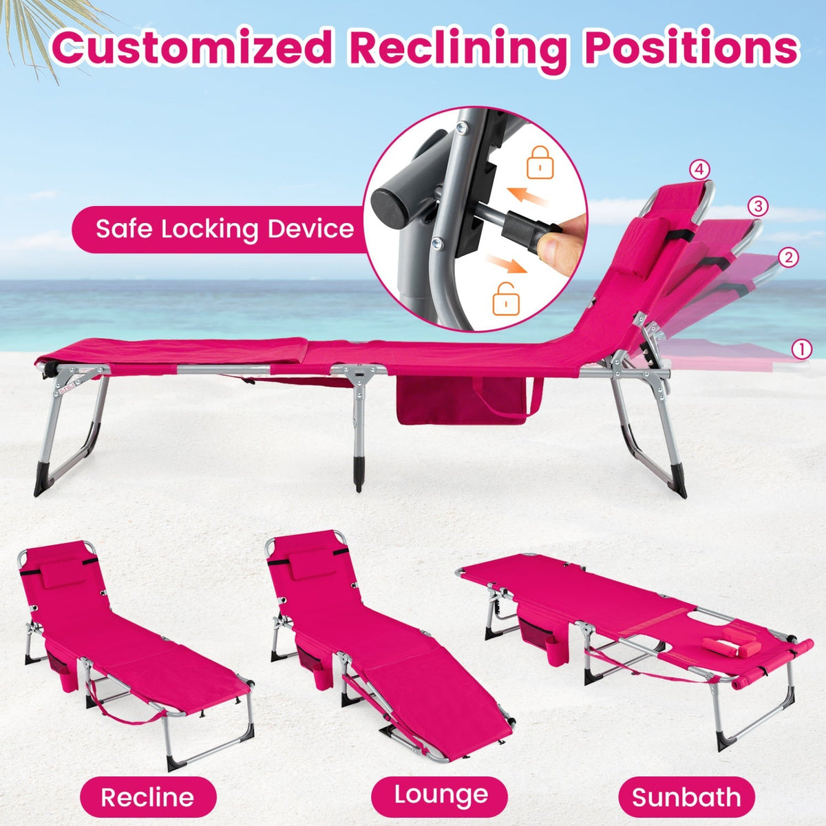 Set of 2 Tanning Chairs with Face Arm Holes Portable with 4-Level Backrest
