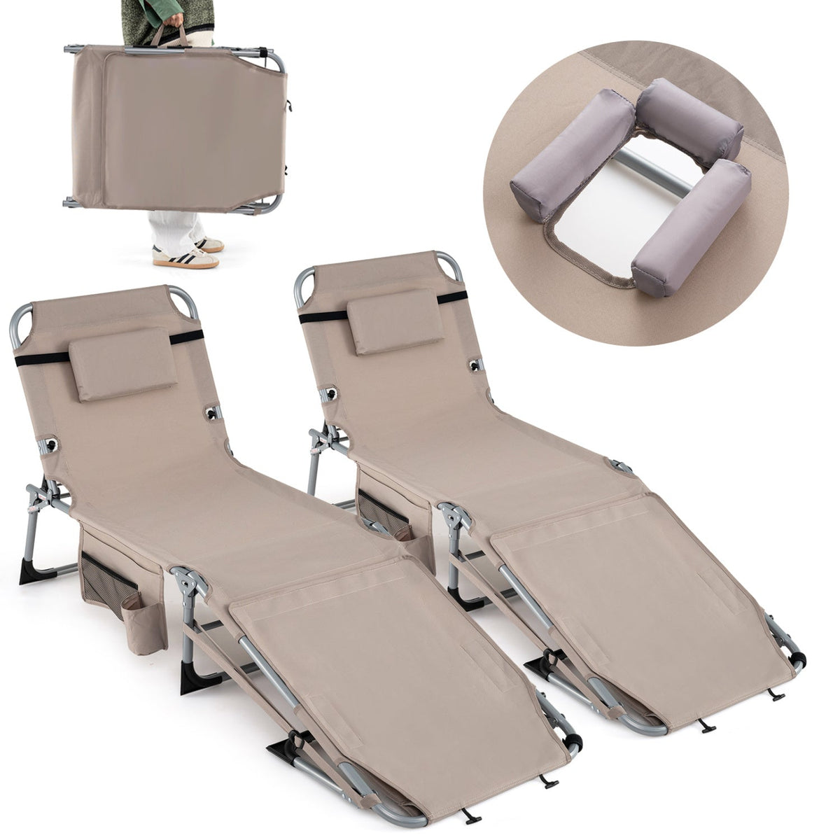 Set of 2 Tanning Chairs with Face Arm Holes Portable with 4-Level Backrest