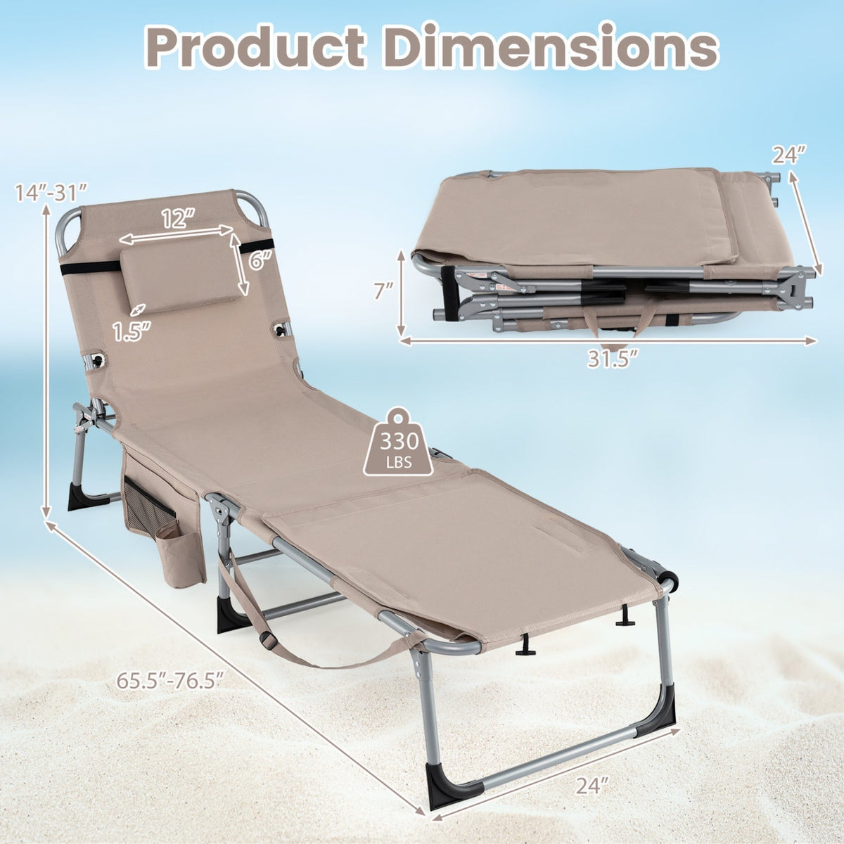 Set of 2 Tanning Chairs with Face Arm Holes Portable with 4-Level Backrest