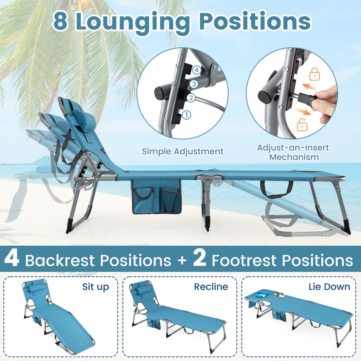 Set of 2 Tanning Chair Portable Chaise Lounge Chair with 4-Position Adjustable Backrest