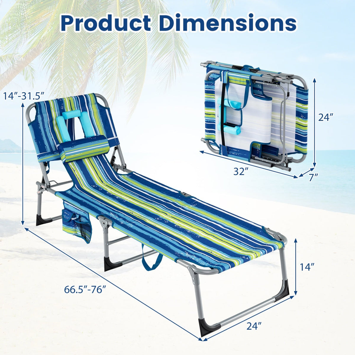 Set of 2 Tanning Chair Portable Chaise Lounge Chair with 4-Position Adjustable Backrest