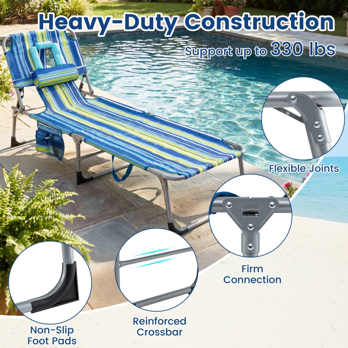 Set of 2 Tanning Chair Portable Chaise Lounge Chair with 4-Position Adjustable Backrest