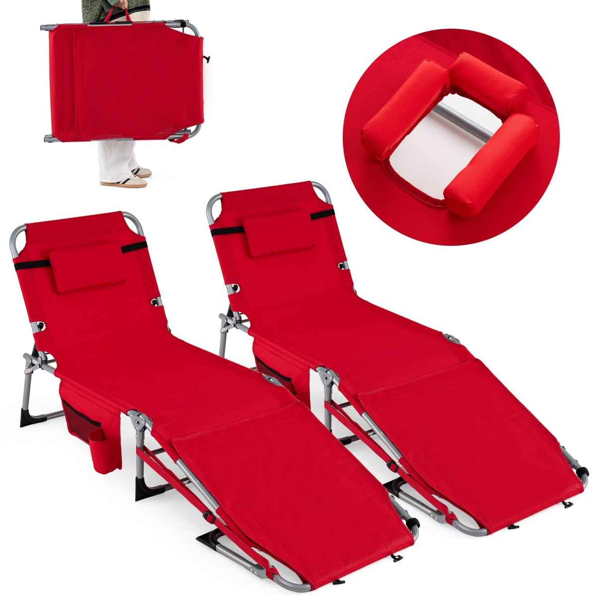 Set of 2 Tanning Chairs with Face Arm Holes Portable with 4-Level Backrest