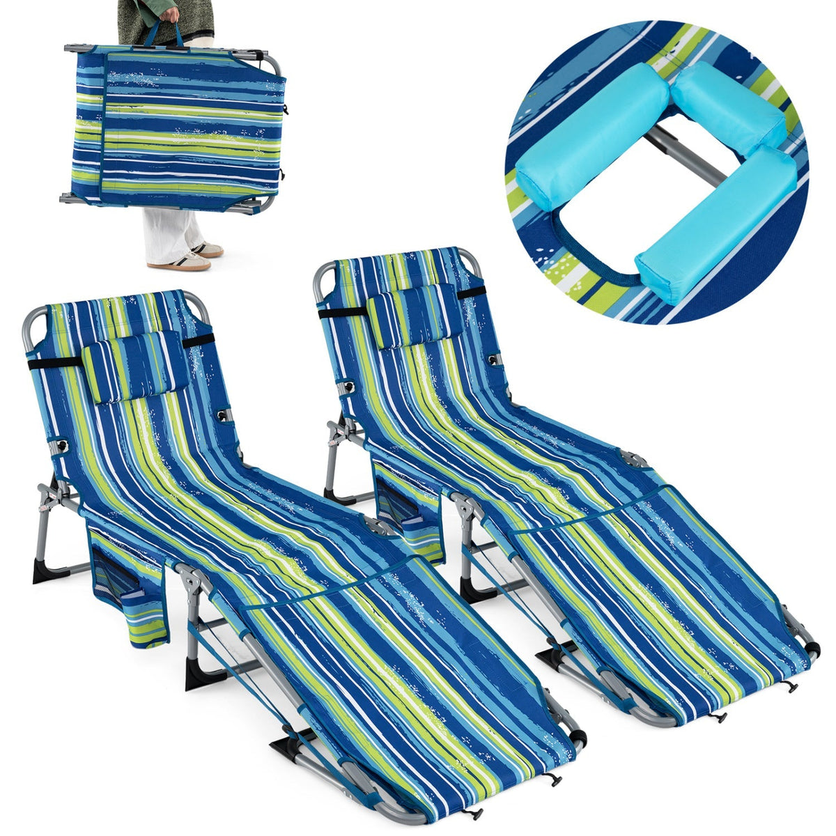 Set of 2 Tanning Chairs with Face Arm Holes Portable with 4-Level Backrest