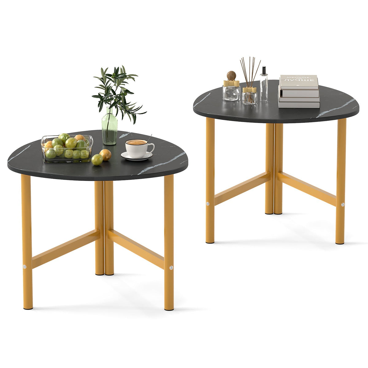 Set of 2 Triangle Coffee Table Oval with Metal Legs