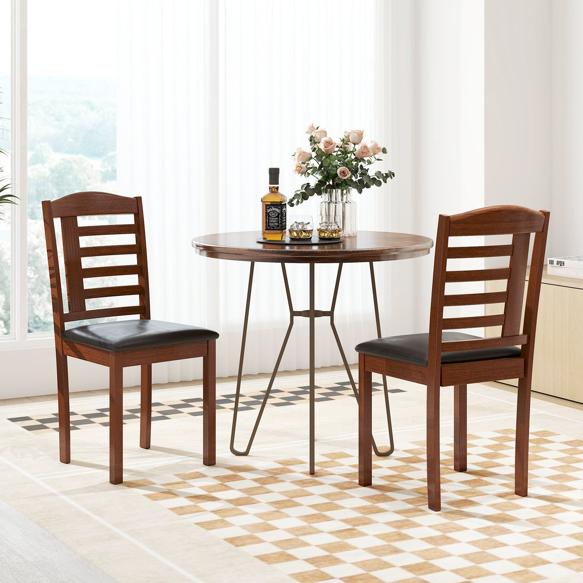 Set of 2 Wood Kitchen Chairs with Faux Leather Upholstered Seat