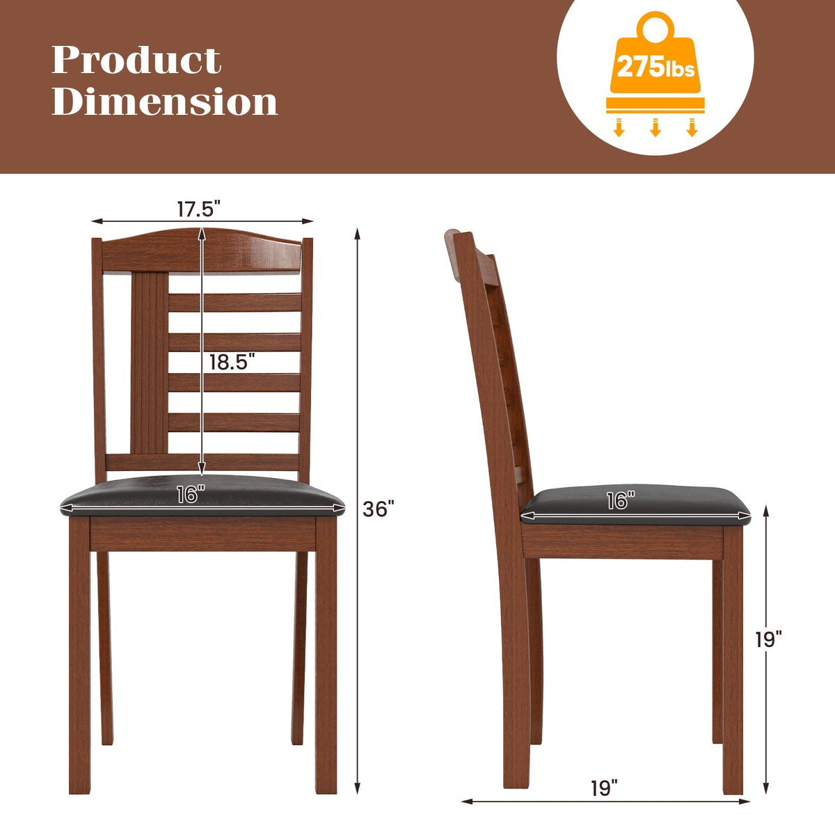 Set of 2 Wood Kitchen Chairs with Faux Leather Upholstered Seat
