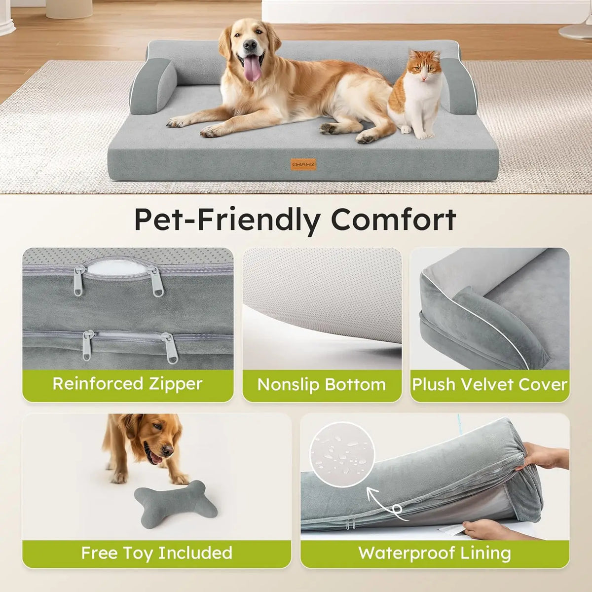 Cama ortopédica extragrande para perros con espuma viscoelástica refrescante, funda impermeable lavable y base antideslizante, gris claro