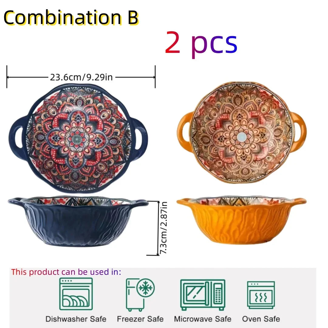 Tazón de sopa de cerámica estilo bohemio con asa, apto para microondas, diseño en relieve, ideal para servir sopas, ensaladas, fideos ramen
