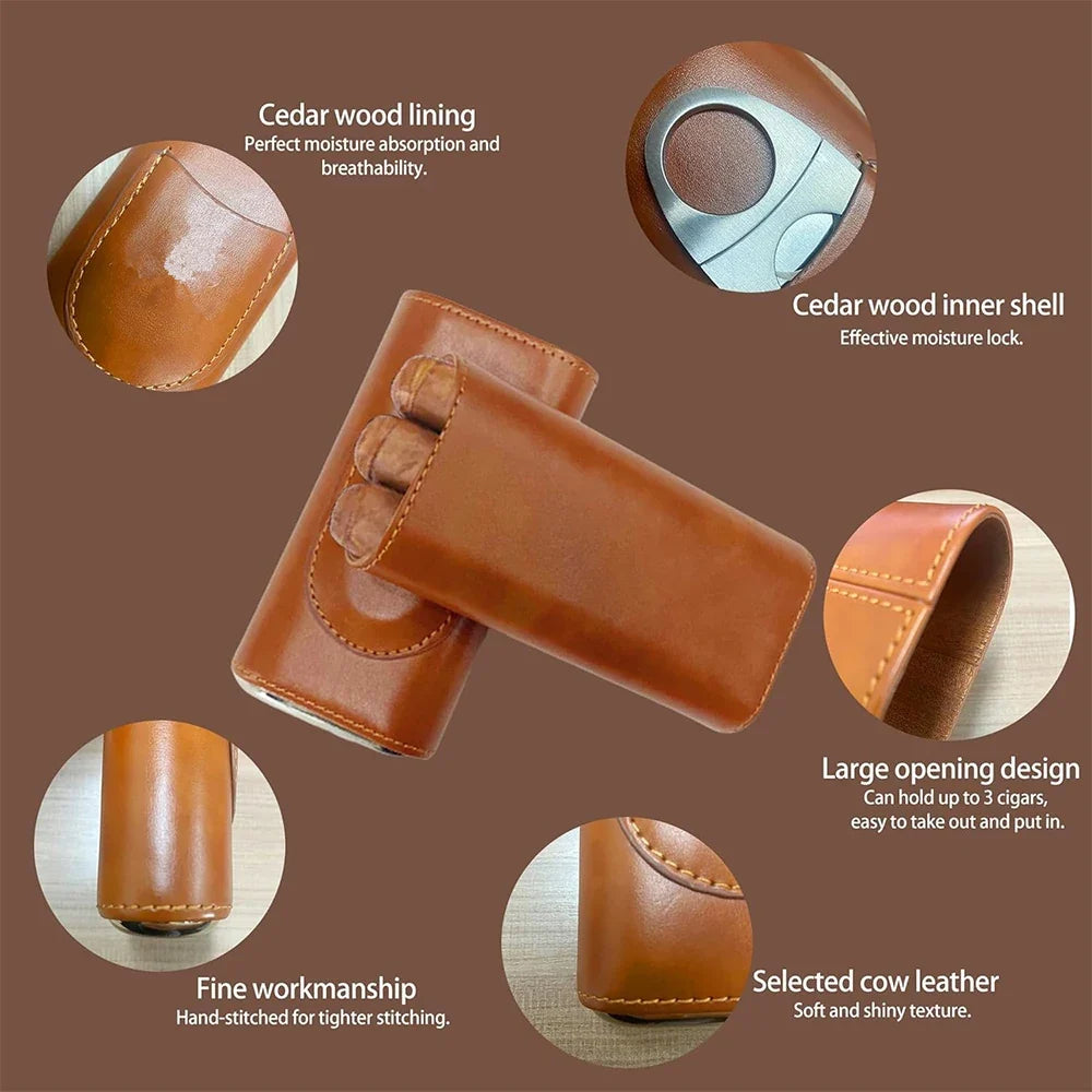 Estuche de piel con humidificador de viaje para cigarros, forro de madera de cedro, humidores de viaje para cigarros con cortador de cigarros de acero inoxidable