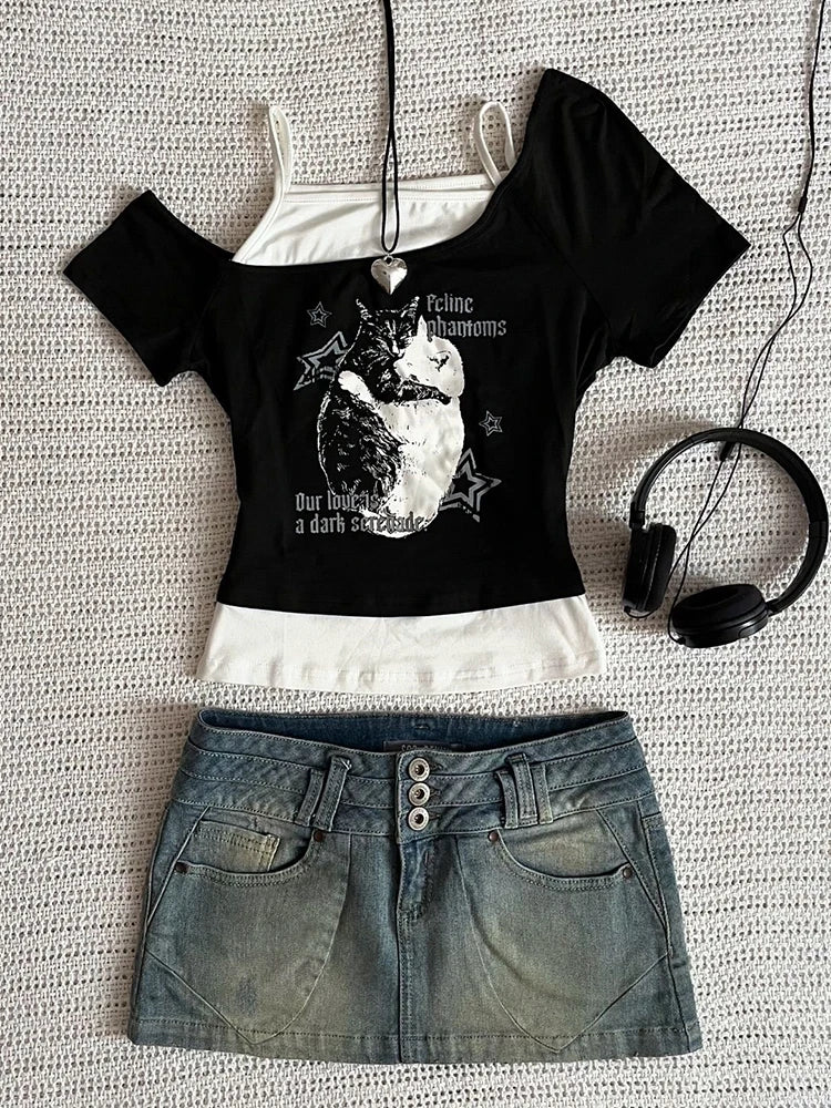Asthetische Goth Fledermaus Brief Y2K Stil zweitelige T-Shirt Kurzarm Weste Harajuku Streetwear Hosentrger Frauen Kleidung Shirt