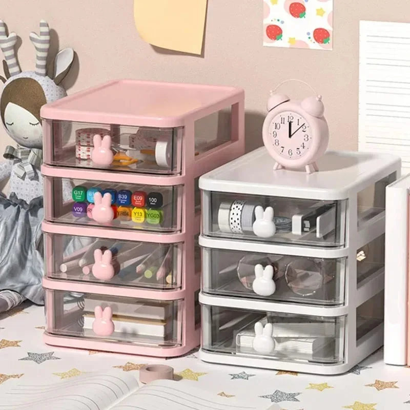 Organizador de cajones apilables transparentes de 2-5 niveles, caja de almacenamiento multi-nivel de PP, estilo de dibujos animados, para oficina/productos de belleza, sistema de escritorio modular