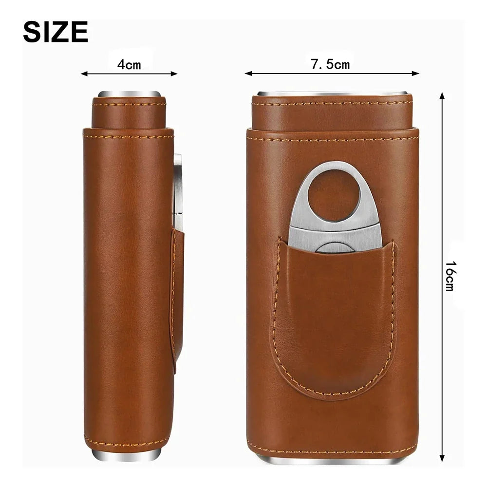 Estuche de piel con humidificador de viaje para cigarros, forro de madera de cedro, humidores de viaje para cigarros con cortador de cigarros de acero inoxidable