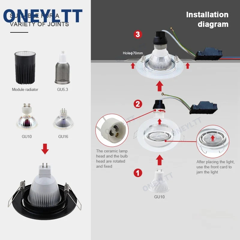 Focos LED Blancos/Negros Marco Ajustable Downlight Portaleds Agujero 70mm para Soporte de Bombilla MR16 GU10 Foco Empotrado LED