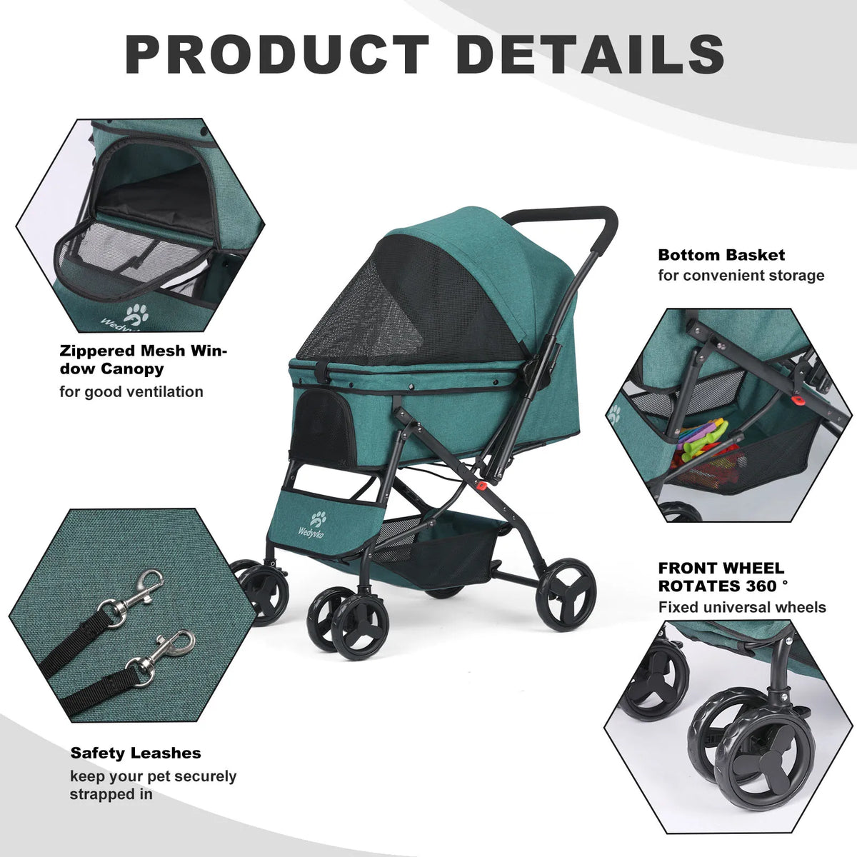 Cochecito para perros, cochecito para mascotas para perros y gatos medianos, con bolsas para excrementos de perro, manillar reversible, correas, cesta de almacenamiento y bolsa
