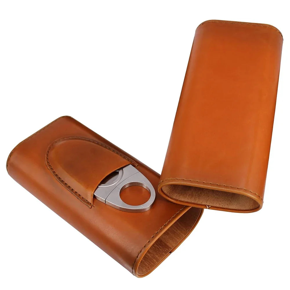 Estuche de piel con humidificador de viaje para cigarros, forro de madera de cedro, humidores de viaje para cigarros con cortador de cigarros de acero inoxidable