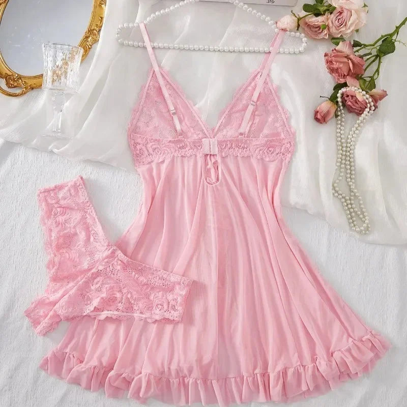 Conjunto de lencería sexy para mujer, sujetador erótico, camisón, lencería de encaje sexy, ropa de dormir, vestidos ajustados suaves, cuello en V, camisón completo y vestidos