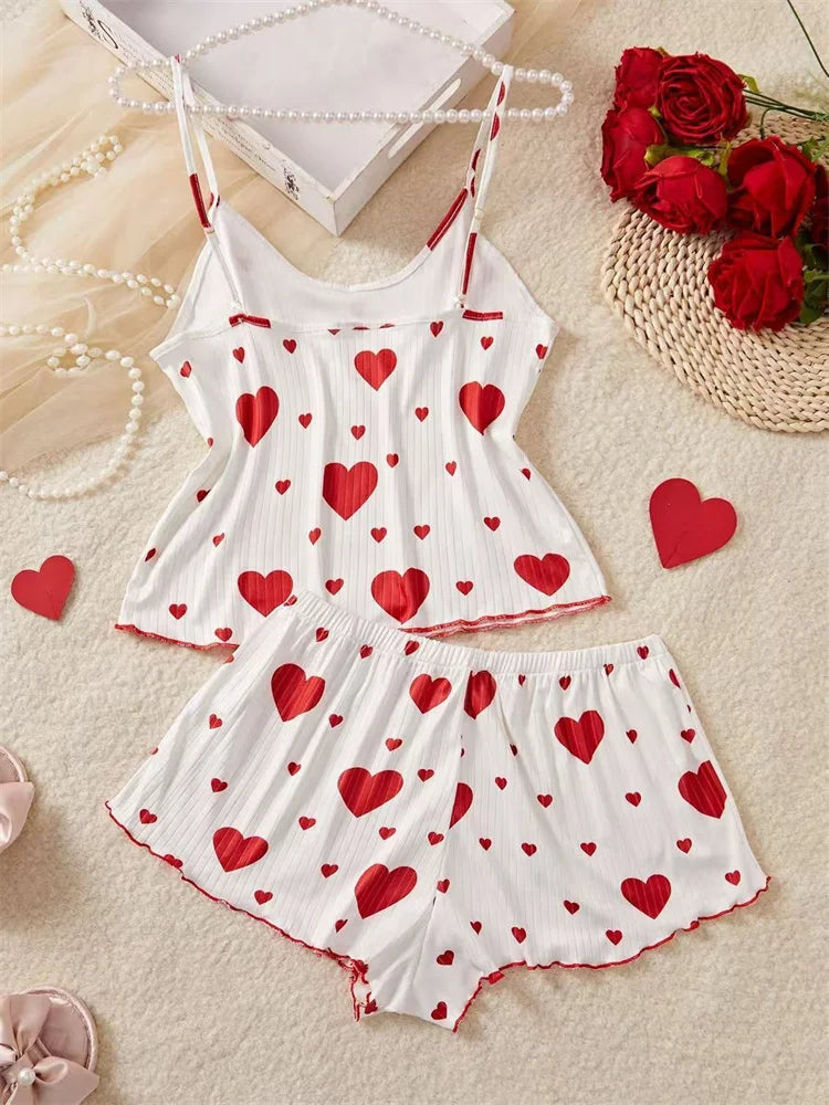 5 tallas a elegir S M L XL 2XL Conjunto de pijama para mujer con tirantes, camiseta sin mangas + pantalones cortos, ropa de dormir con estampado de corazones rojos, lencería sexy