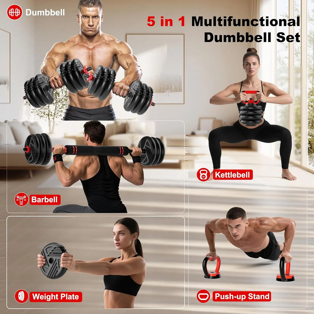 Juego de Mancuernas Ajustables 5 en 1 que se Convierten en Barra y Pesa Rusa, de 10 a 90 lb para Entrenamiento en Casa