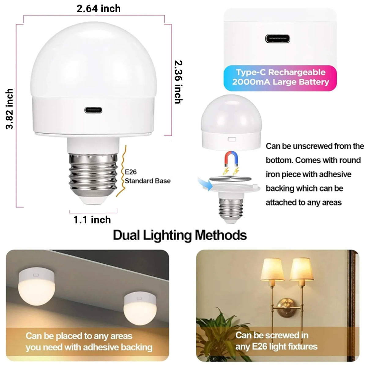 2PCS Rechargeable Light Bulbs Remote Control Battery Operated Light Bulb with Timer, Dimmable, 3 Color Temperatures