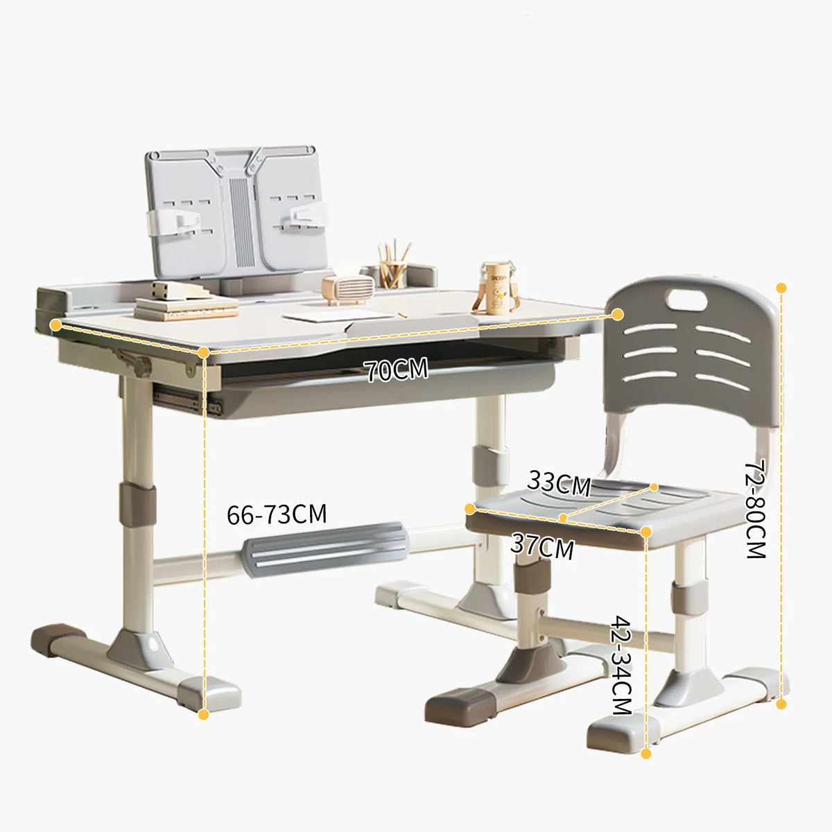 Functional Desk and Chair Set, Height Adjustable Study Desk with Tilt Desktop, Bookstand, Storage Drawer