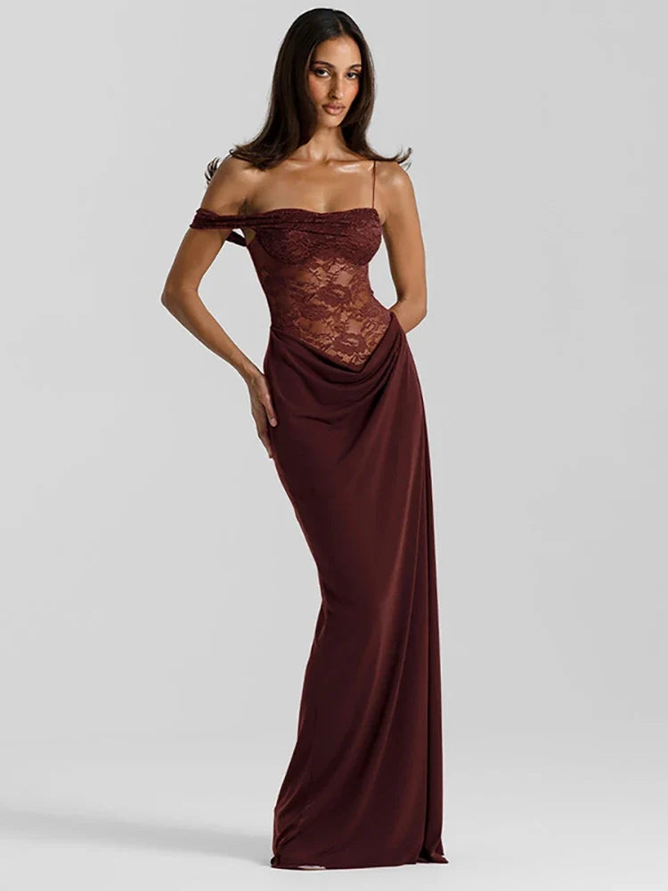 Mozision One Shoulder Lace See Through Sexy Maxi Dress Women Gown Fashion Off-shoulder Sleeveless Backless Club Long Dresses