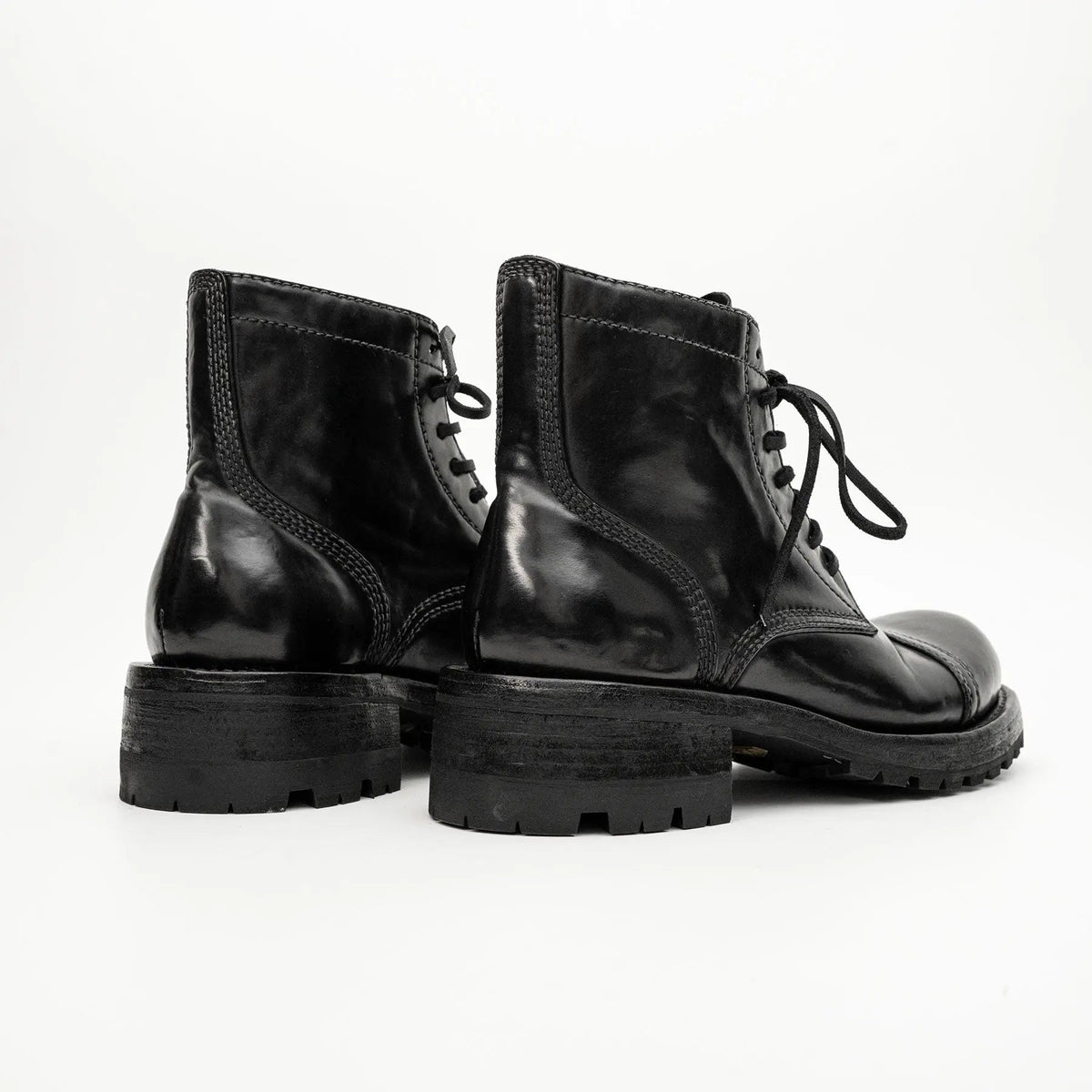 Black Cap-Toe Horse Butt Leather Ankle Boots