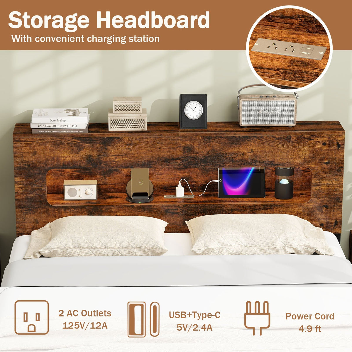 Slatted Full Bed Frame with LED Lights and Storage Headboard No Box Spring Needed-Full Size