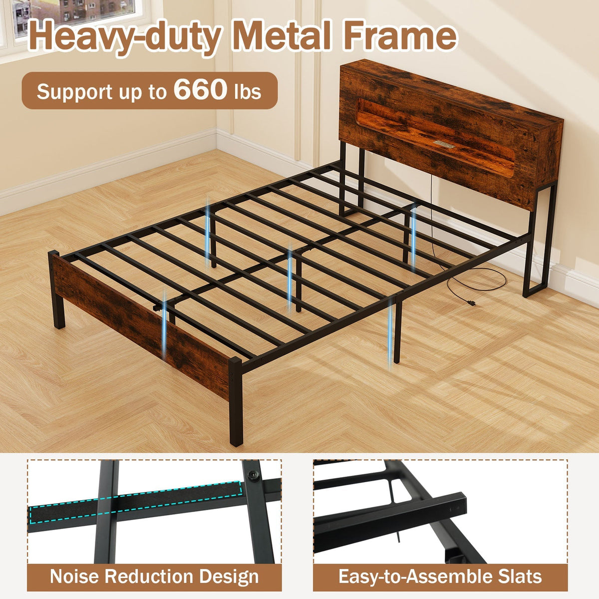 Slatted Full Bed Frame with LED Lights and Storage Headboard No Box Spring Needed-Full Size