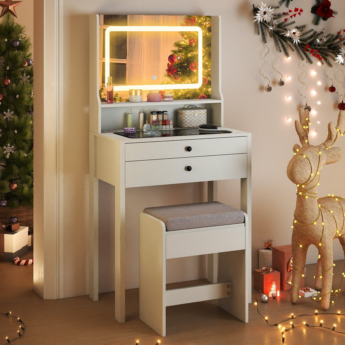 Small Vanity Desk with Mirror and Lights for Bedroom