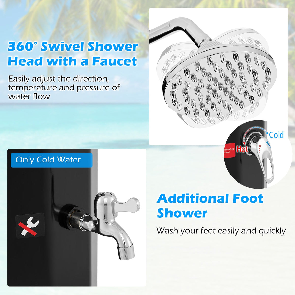 Ducha exterior con calefacción solar de 7.5 pies y 15.9 galones con cabezal de ducha - Negra