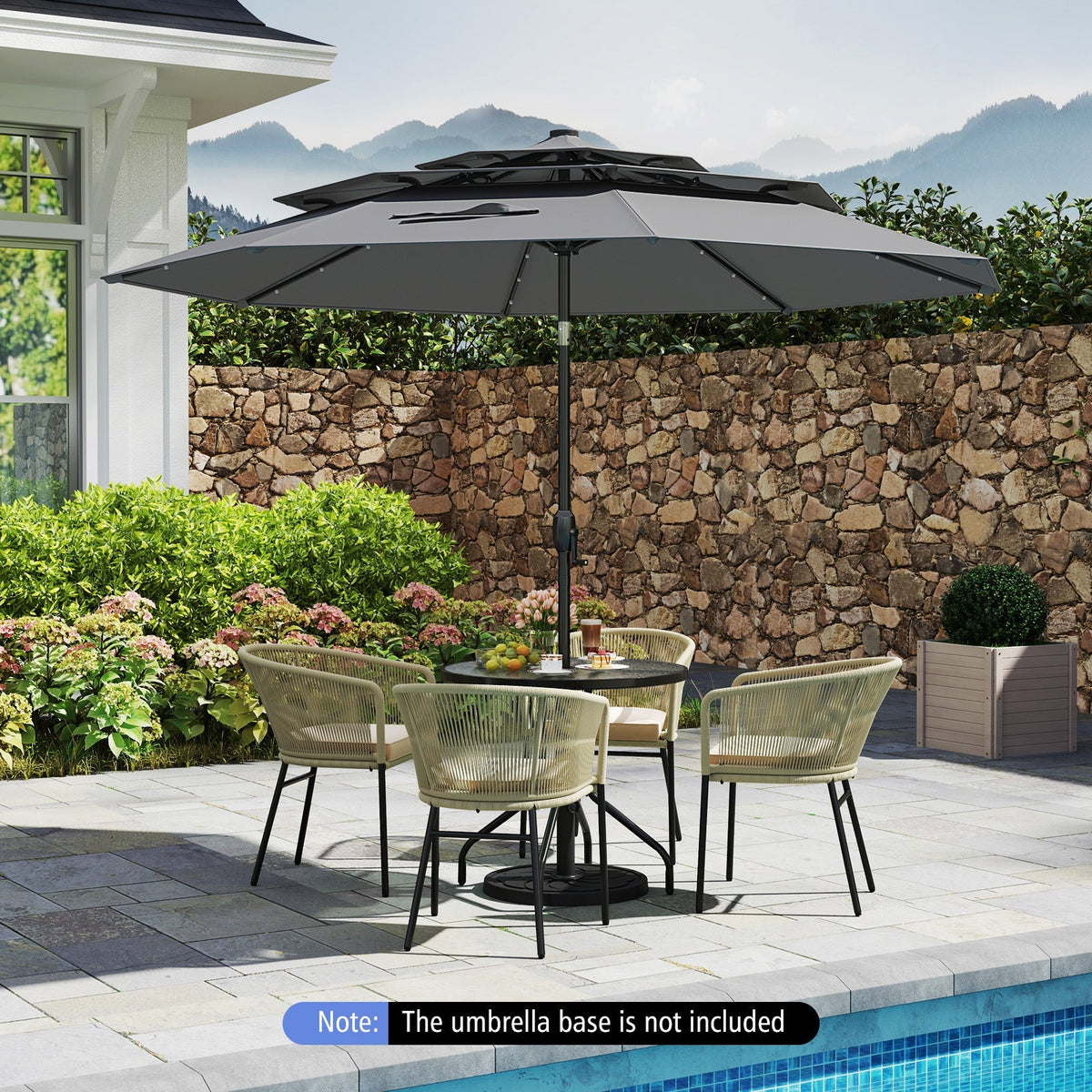 10 Feet Solar Patio Umbrella with 32 LED Lights 3-Tier Vented Top