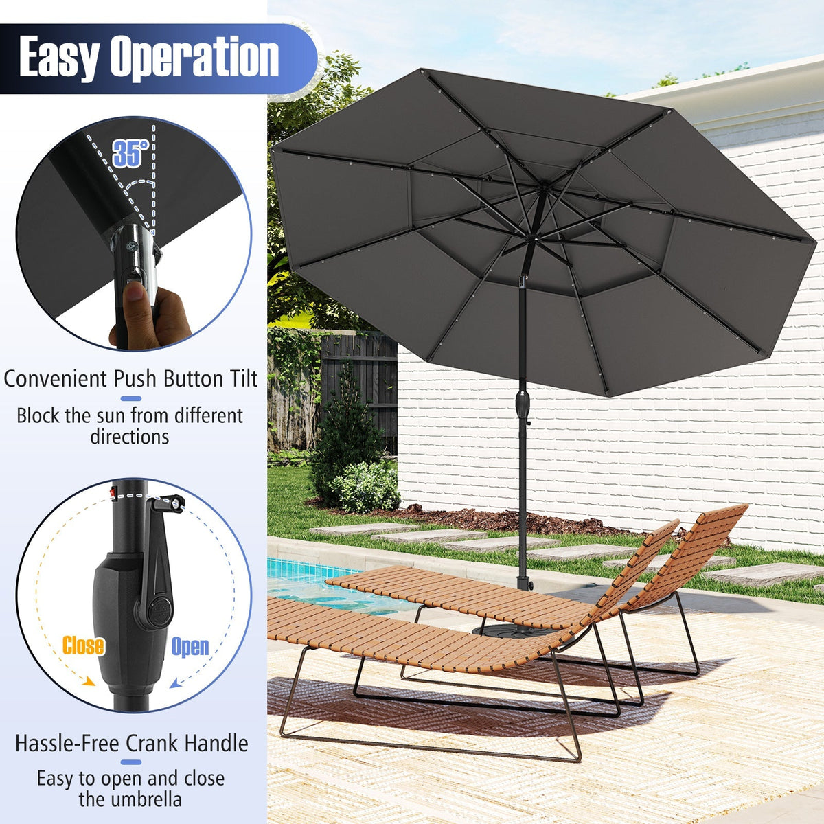 10 Feet Solar Patio Umbrella with 32 LED Lights 3-Tier Vented Top