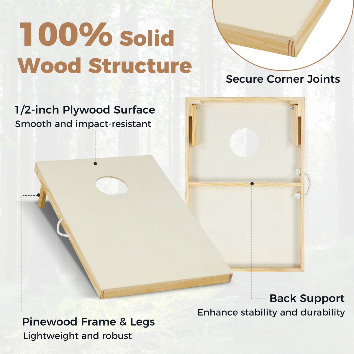 Solid Wood Cornhole Board Set Portable Corn Hole Game Board Includes 8 Bean Bags