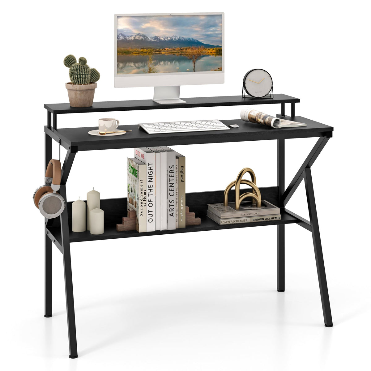 Space Saving Computer Desk with Monitor Stand and Extra Storage Shelf for Work Study