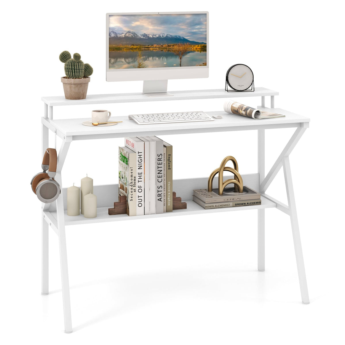 Space Saving Computer Desk with Monitor Stand and Extra Storage Shelf for Work Study