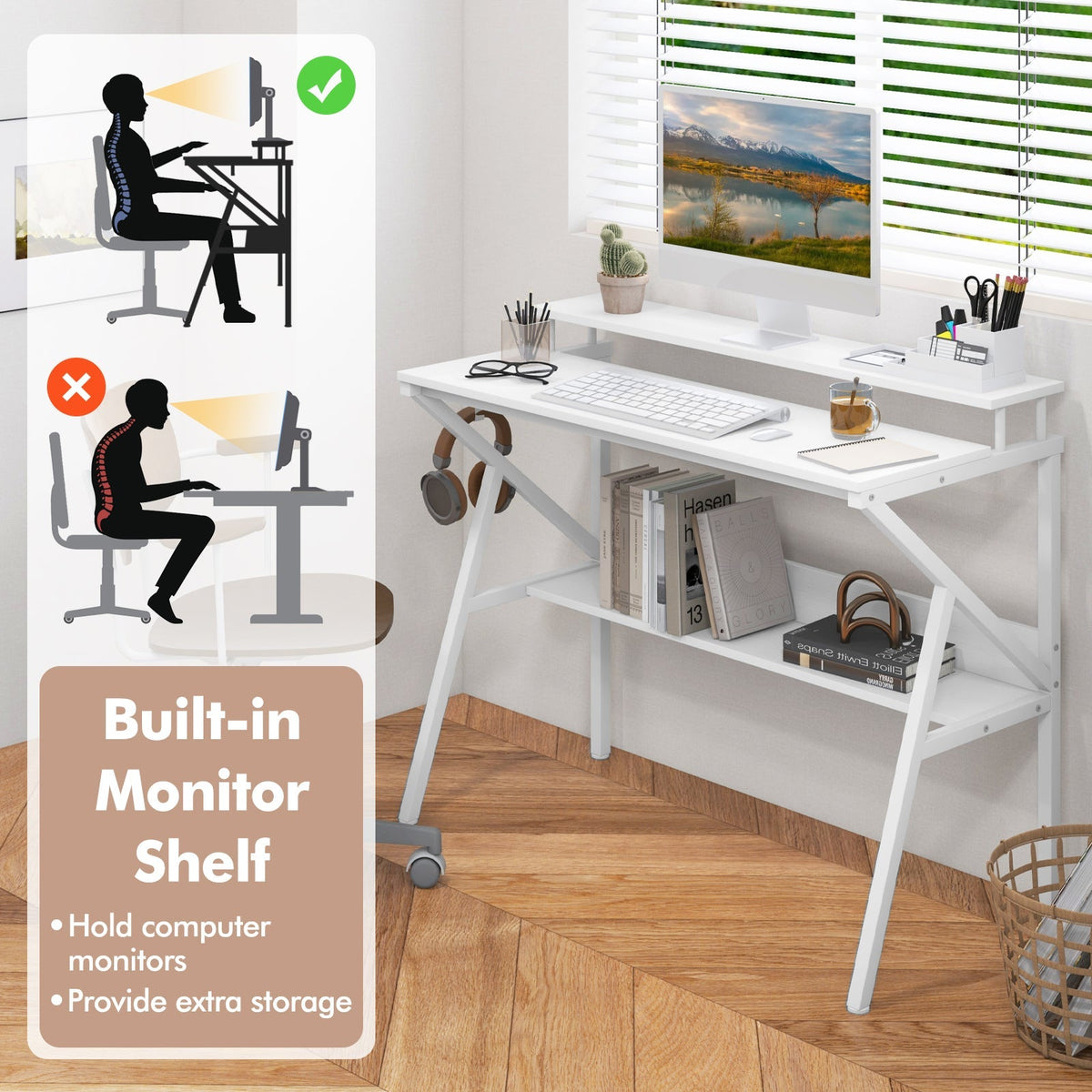 Space Saving Computer Desk with Monitor Stand and Extra Storage Shelf for Work Study