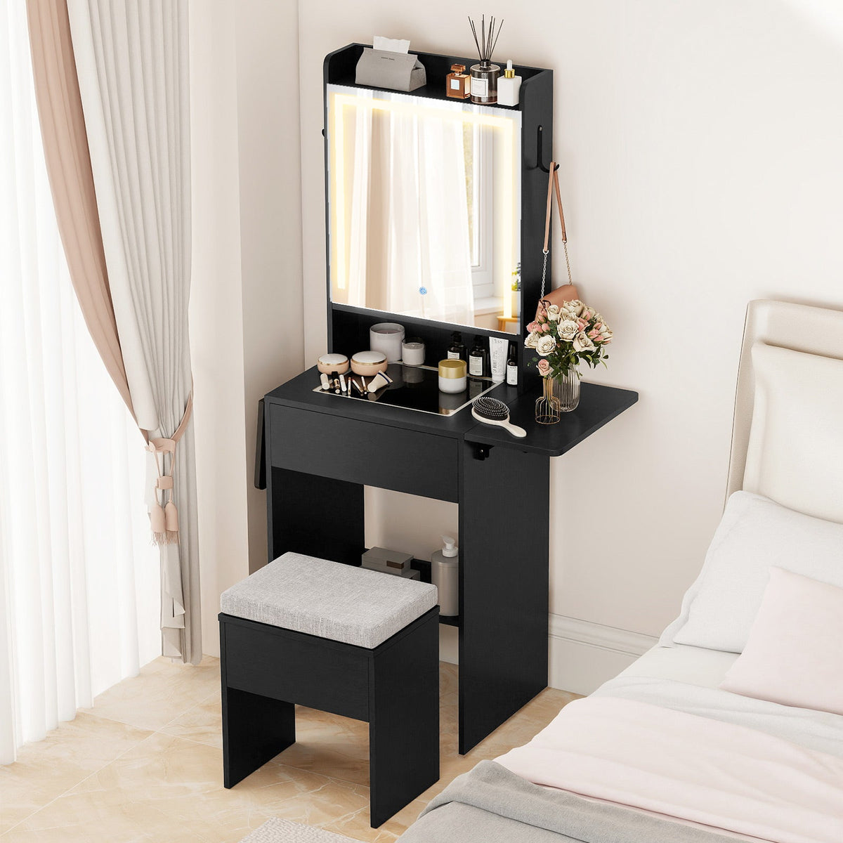 Space-saving Vanity Desk with Mirror and Lights for Bedroom