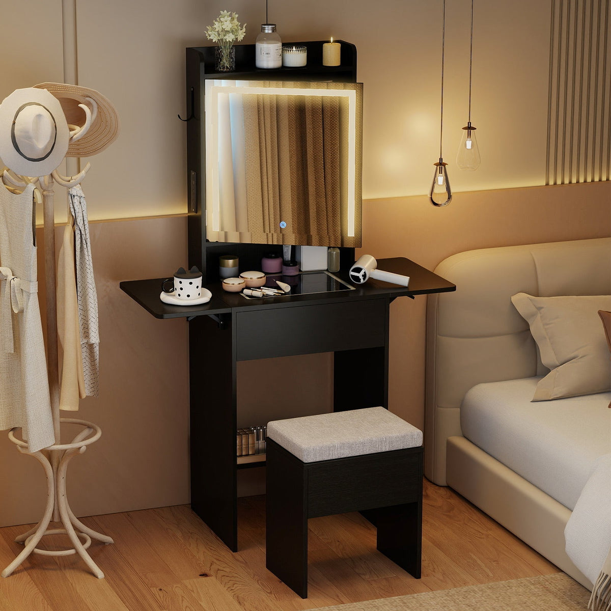 Space-saving Vanity Desk with Mirror and Lights for Bedroom