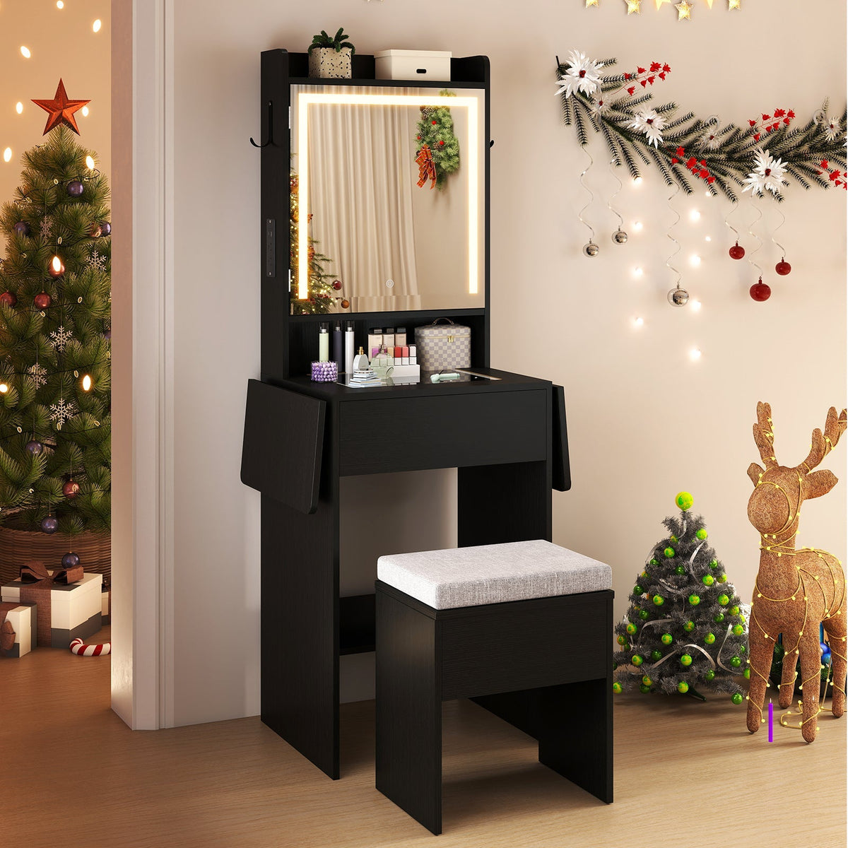 Space-saving Vanity Desk with Mirror and Lights for Bedroom