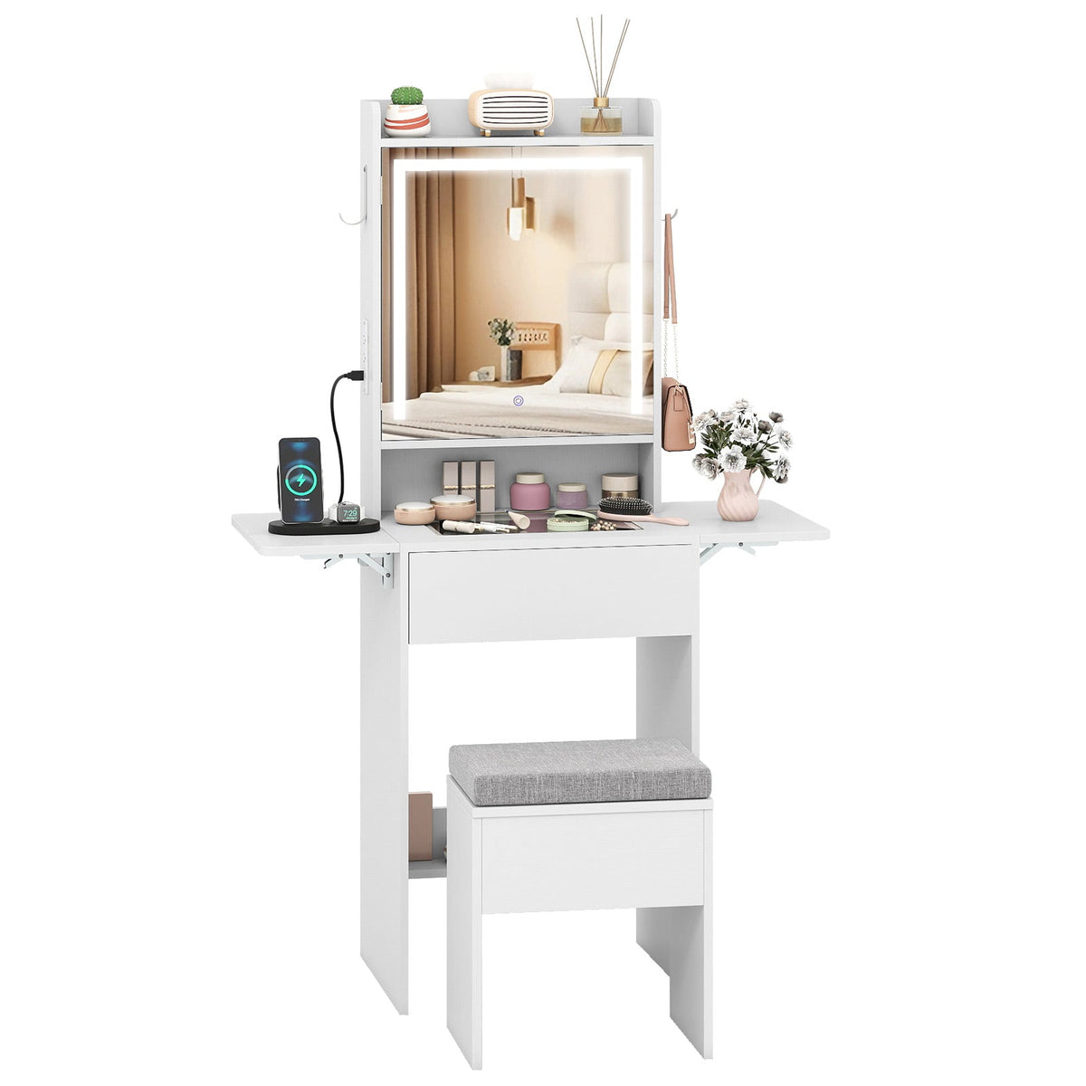 Space-saving Vanity Desk with Mirror and Lights for Bedroom